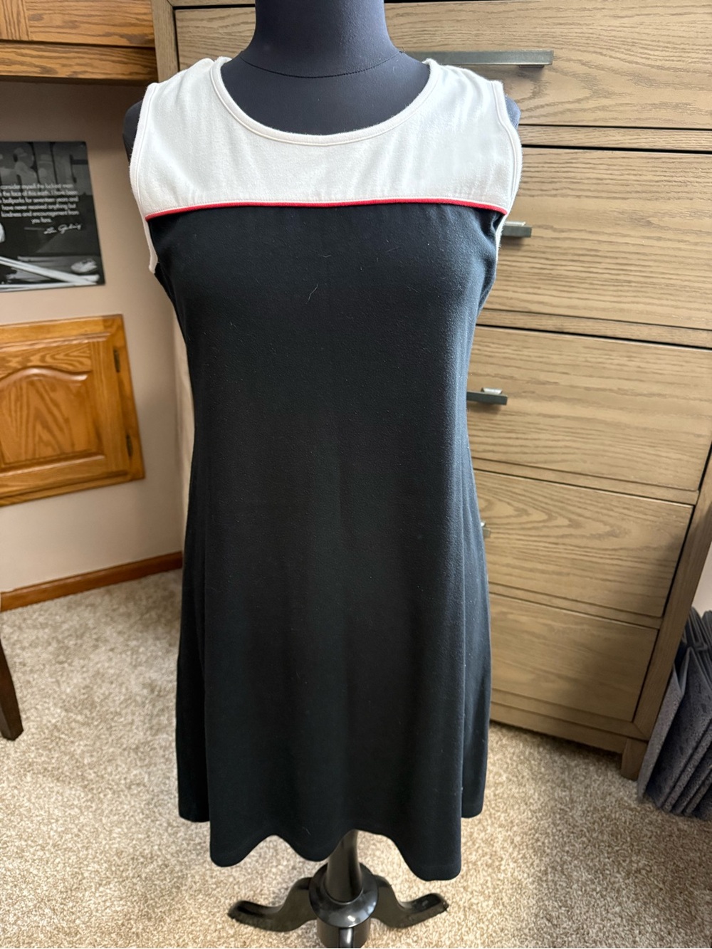 Sleeveless Black & White dress with Red Trim